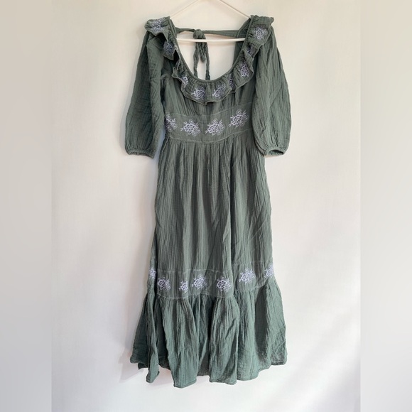 Free People Lovers Lane Maxi Dress Green Blue Embroidered Ruffle 3/4 Sleeve S - Picture 3 of 13